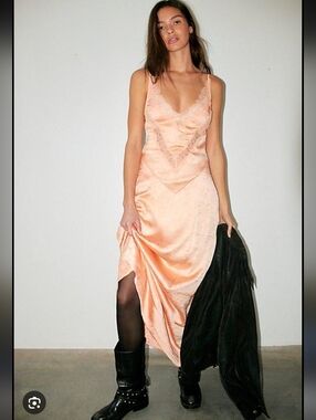 Free People Peach Lace-Trim Gorgeous Maxi Satin Dress